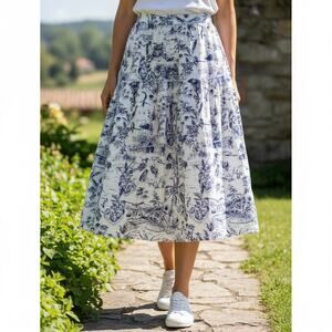 Joie Linen Midi Skirt Womens Medium White Blue Pull On Beachy Tropical Floral